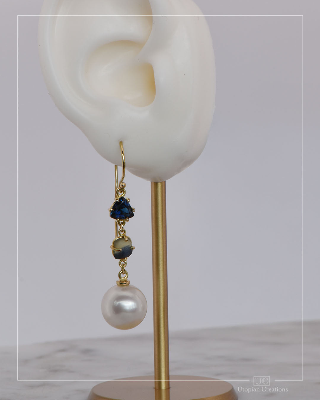 Asura Earrings – Royal Blue and Water-Worn Parti Sapphires with Saltwater Pearls