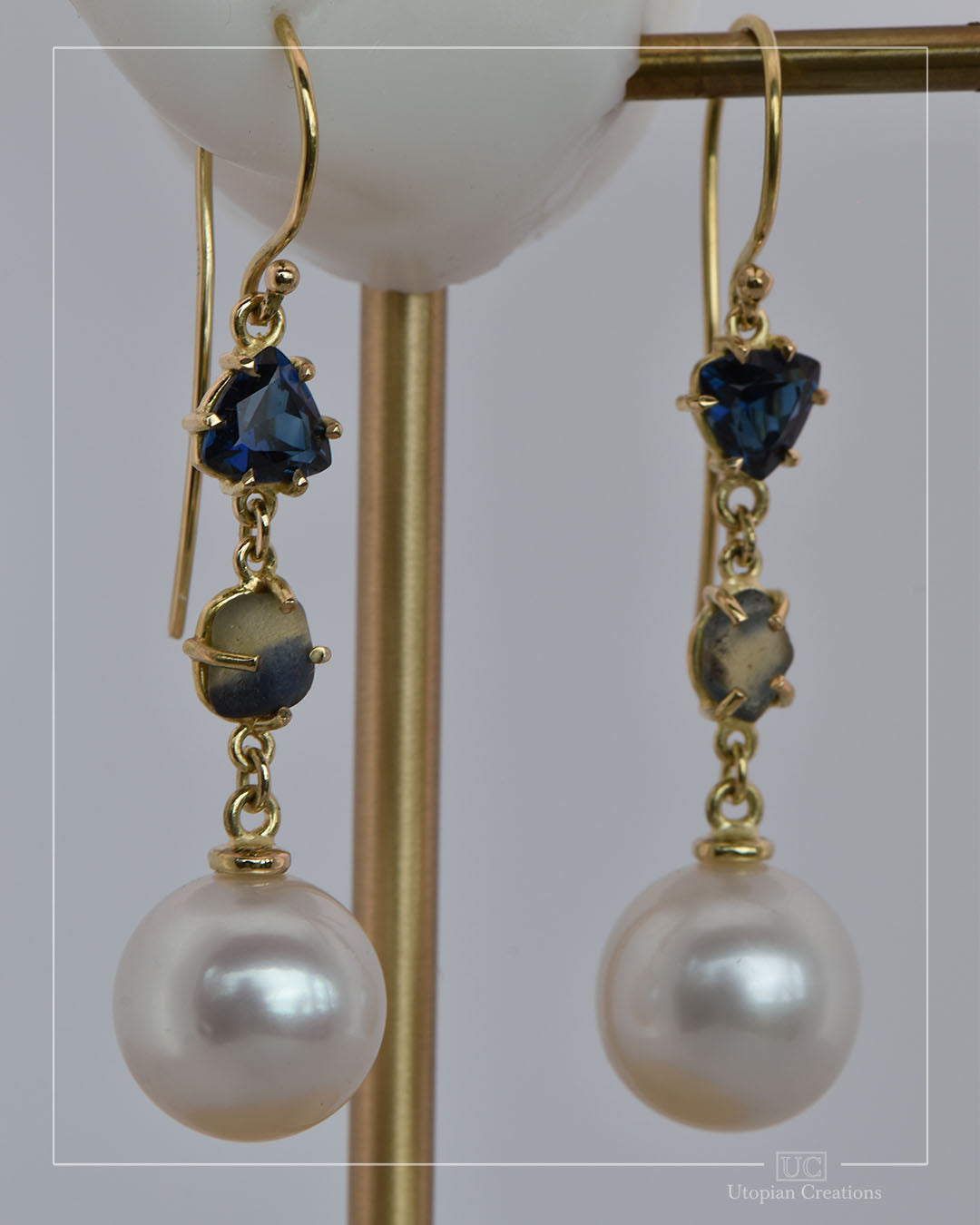 Asura Earrings – Royal Blue and Water-Worn Parti Sapphires with Saltwater Pearls