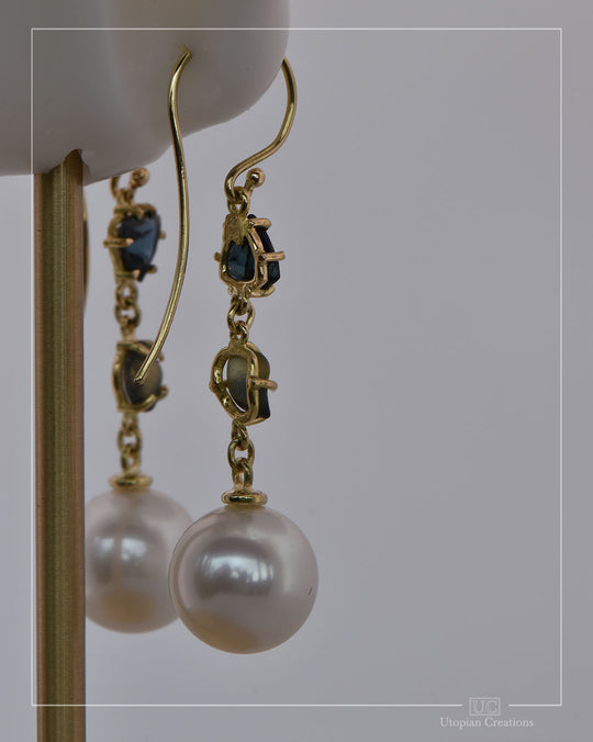 Asura Earrings – Royal Blue and Water-Worn Parti Sapphires with Saltwater Pearls