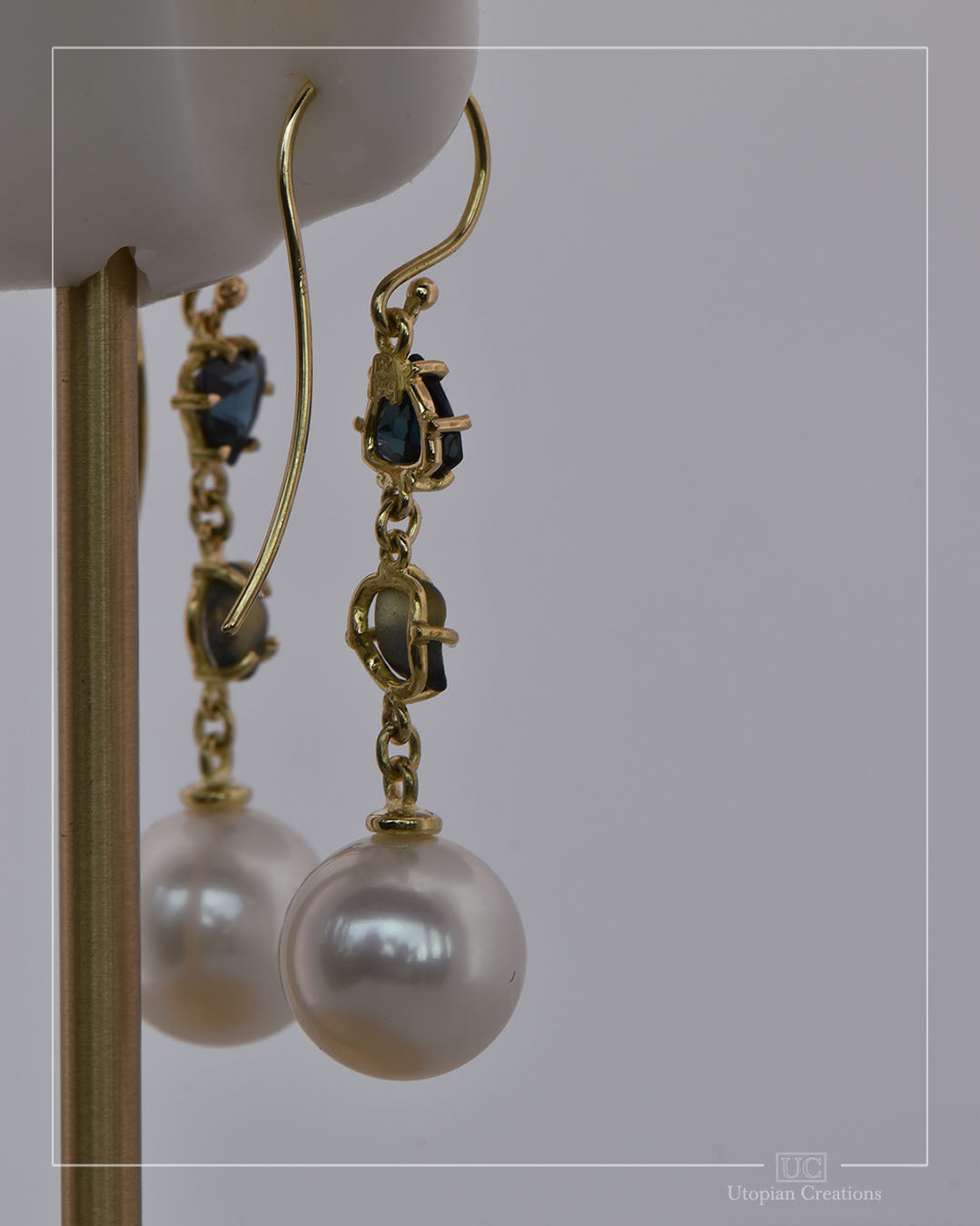 Asura Earrings – Royal Blue and Water-Worn Parti Sapphires with Saltwater Pearls