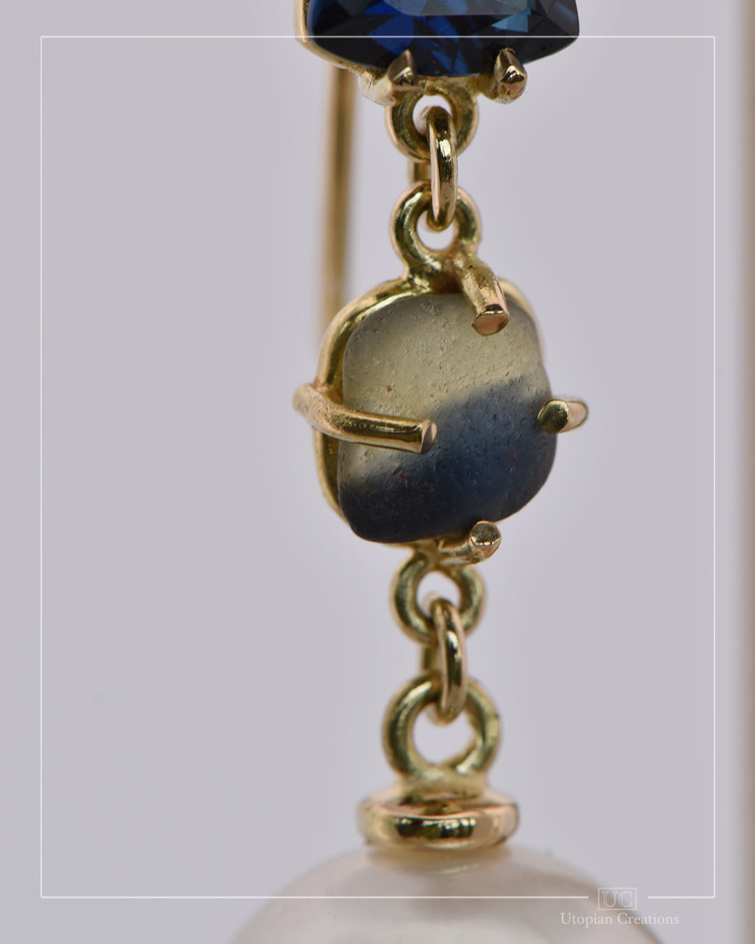 Asura Earrings – Royal Blue and Water-Worn Parti Sapphires with Saltwater Pearls