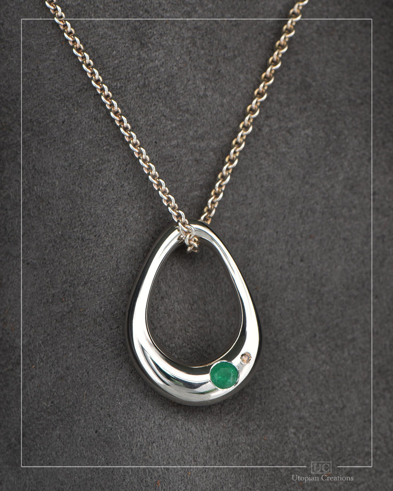 Large Dew Pendant — Sterling Silver with Australian Emerald & Australian Argyle Diamond