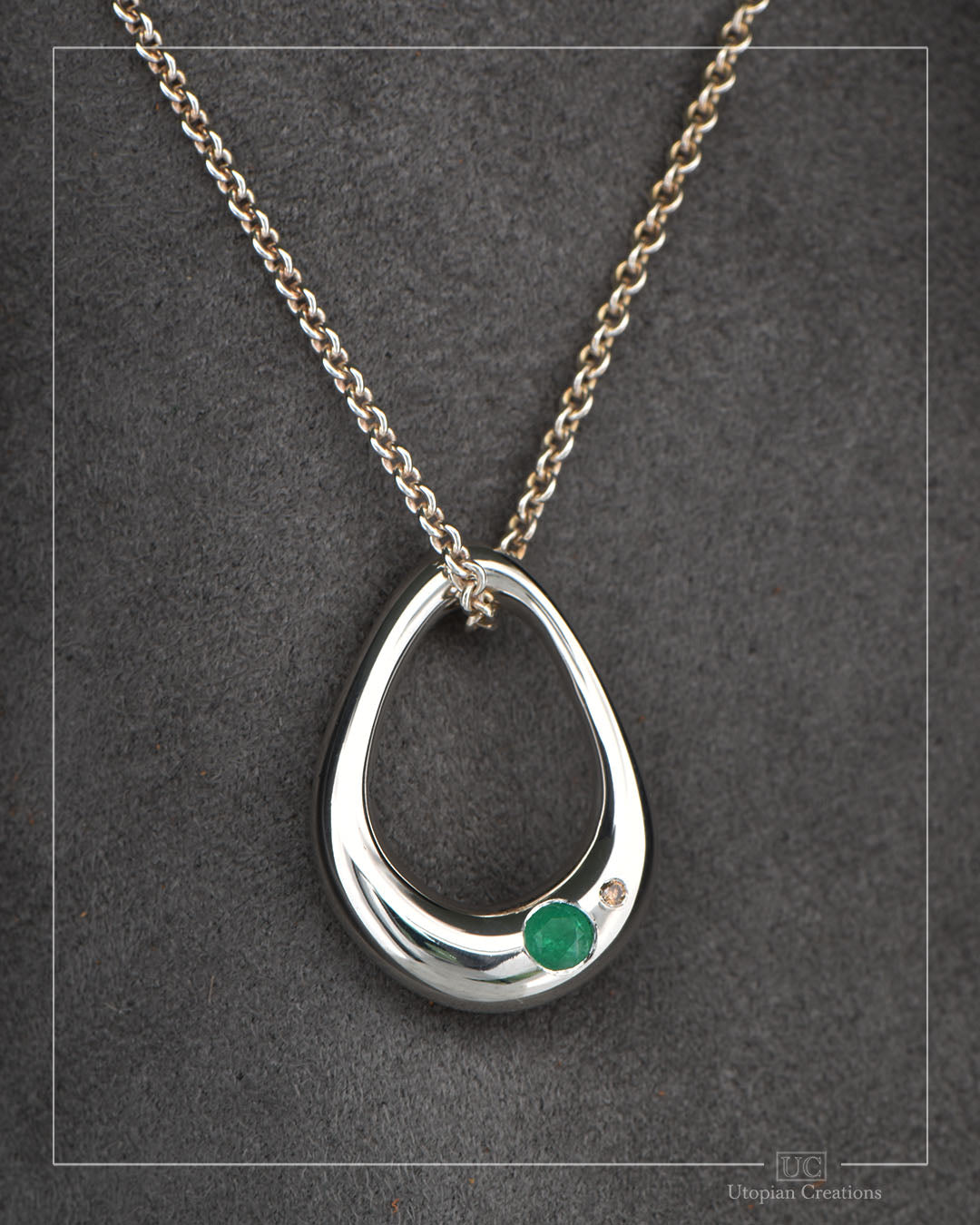 Large Dew Pendant — Sterling Silver with Australian Emerald & Australian Argyle Diamond