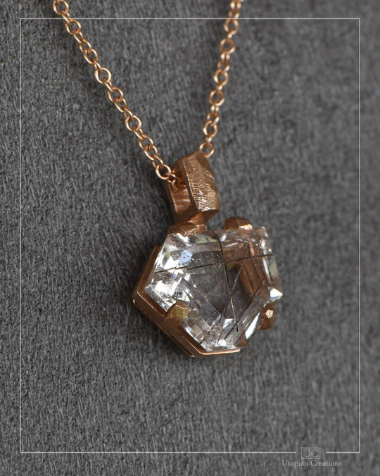 Estelle - Medium Pendant - Black Tourmaline Needles in Quartz and 9k Red Gold