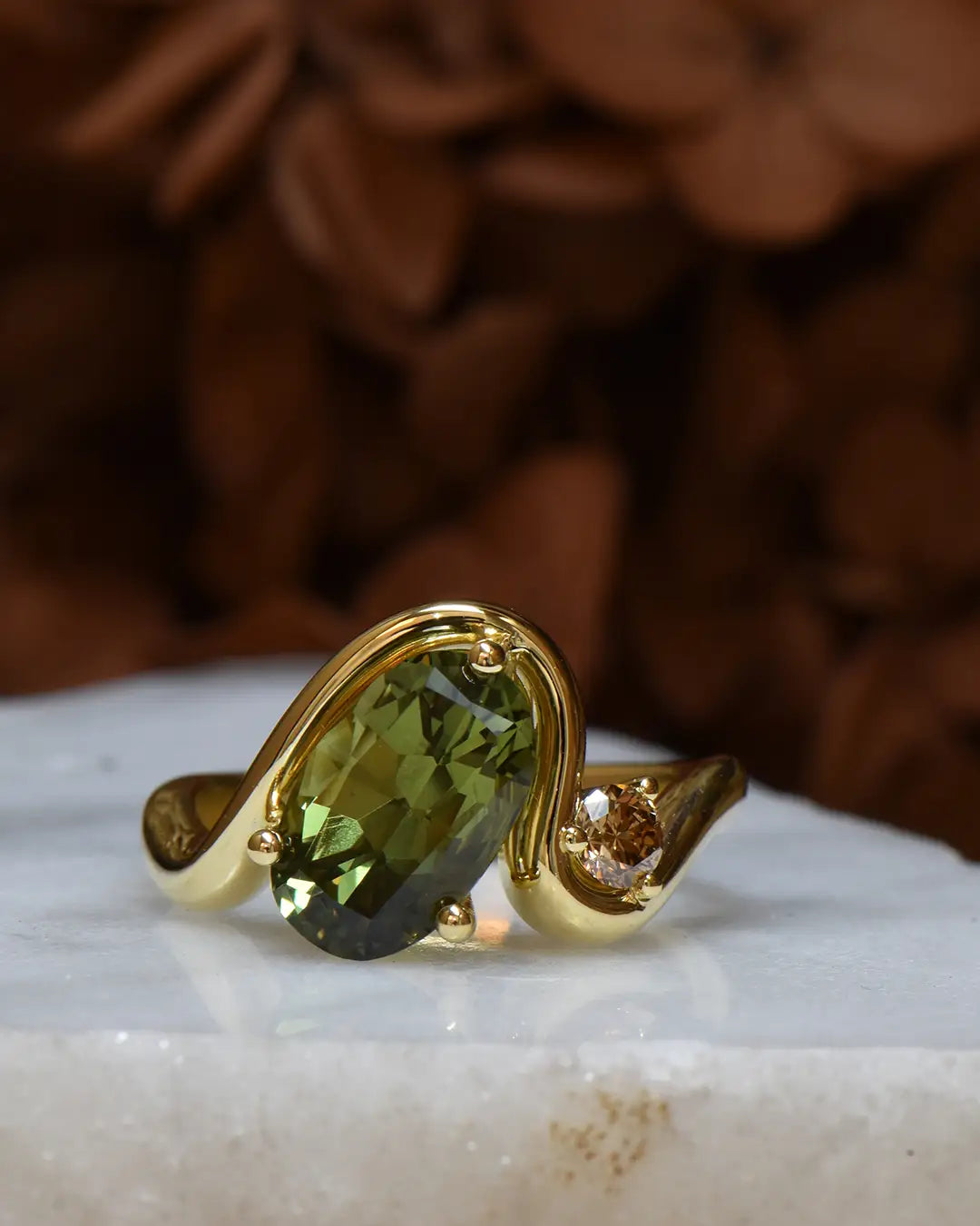 River Bend Ring - Green Sapphire, Argyle Champagne Diamond