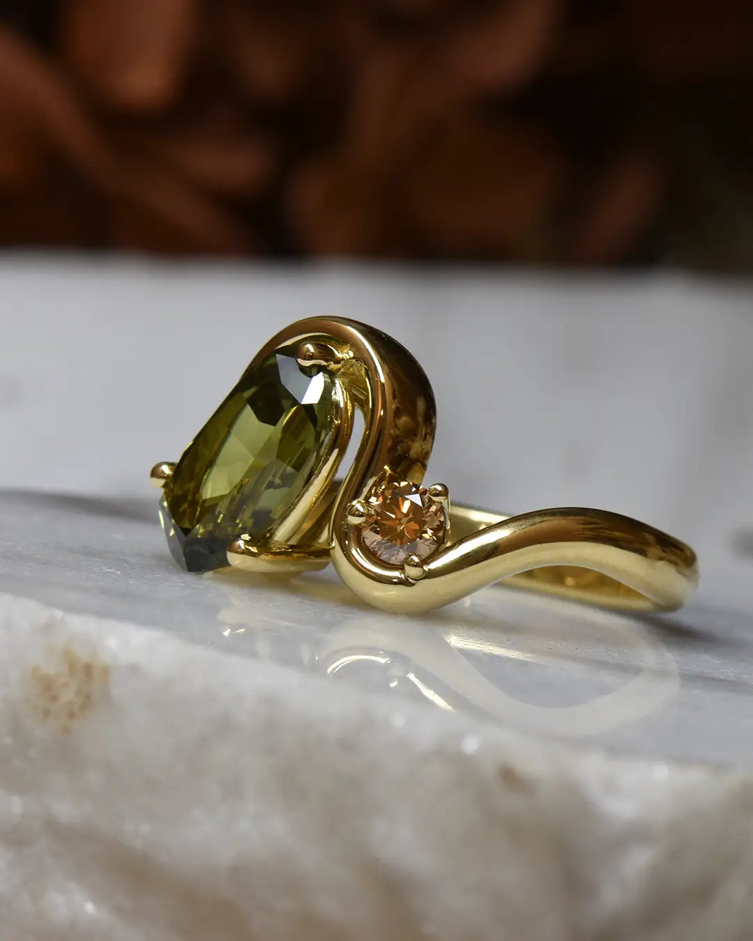 River Bend Ring - Green Sapphire, Argyle Champagne Diamond