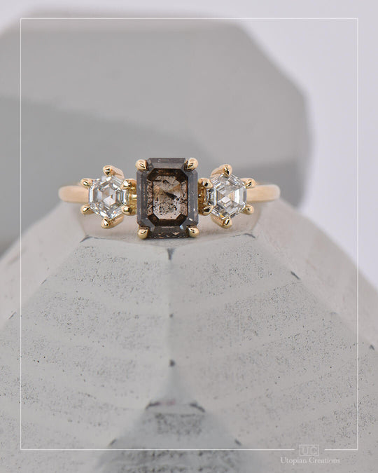 Cassia - Emerald Cut Natural Salt and Pepper Diamond Ring
