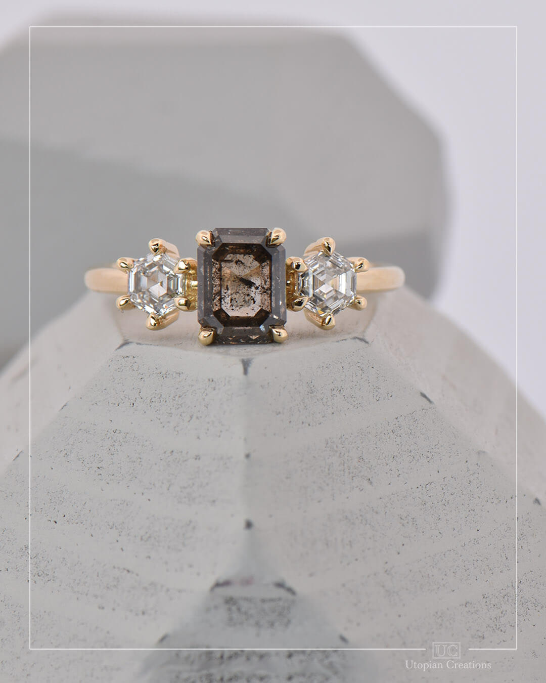 Cassia - Emerald Cut Natural Salt and Pepper Diamond Ring