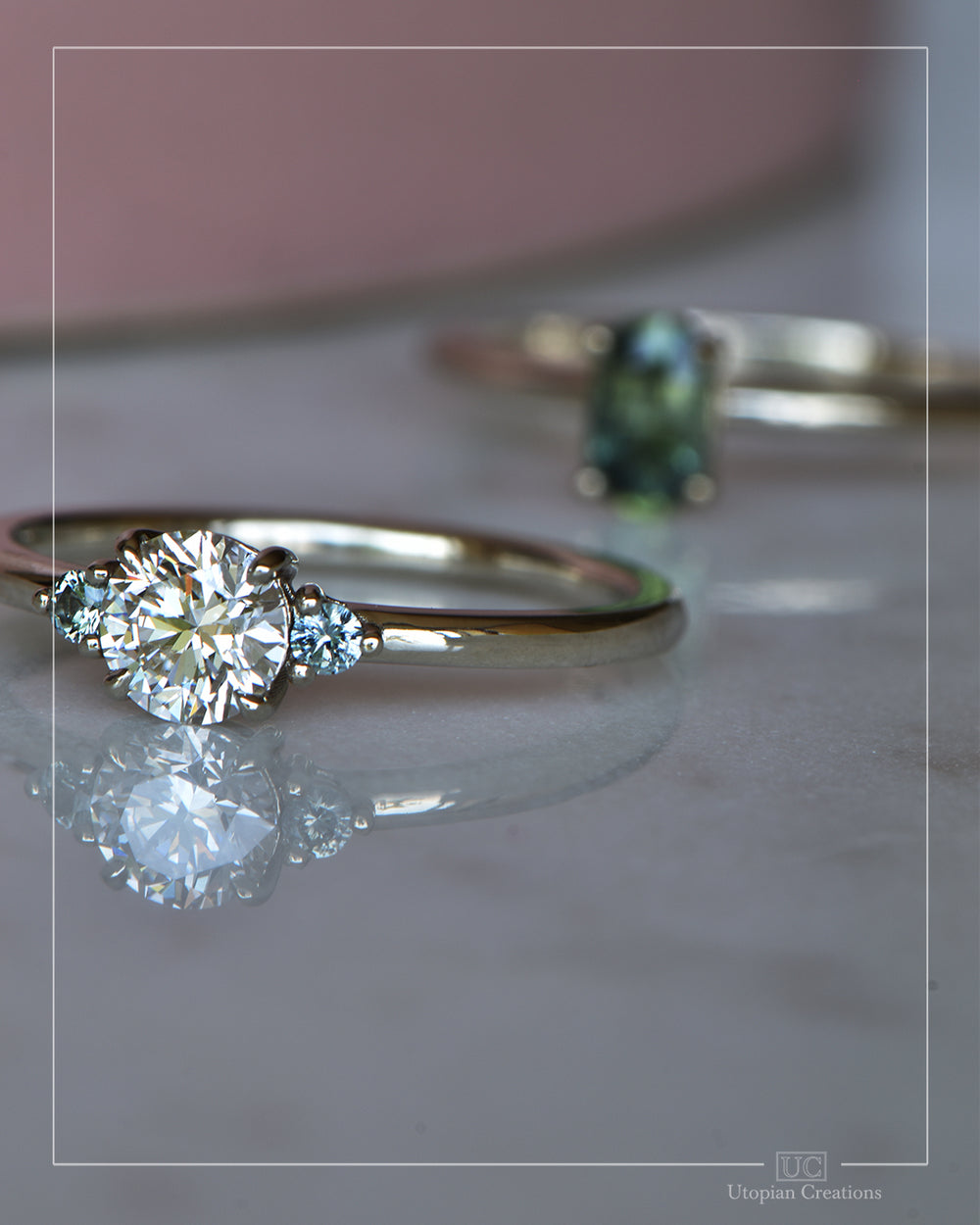 Helene — 0.60ct Lab Diamond and two Teal Sapphire - 9k White Gold