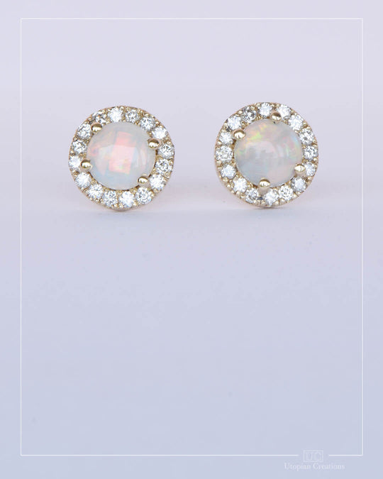 Australian Opal &amp; Lab Diamond Halo Stud Earrings - Yellow Gold
