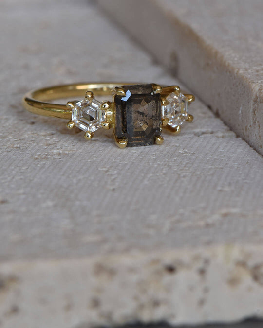 Cassia - Emerald Cut Natural Salt and Pepper Diamond Ring