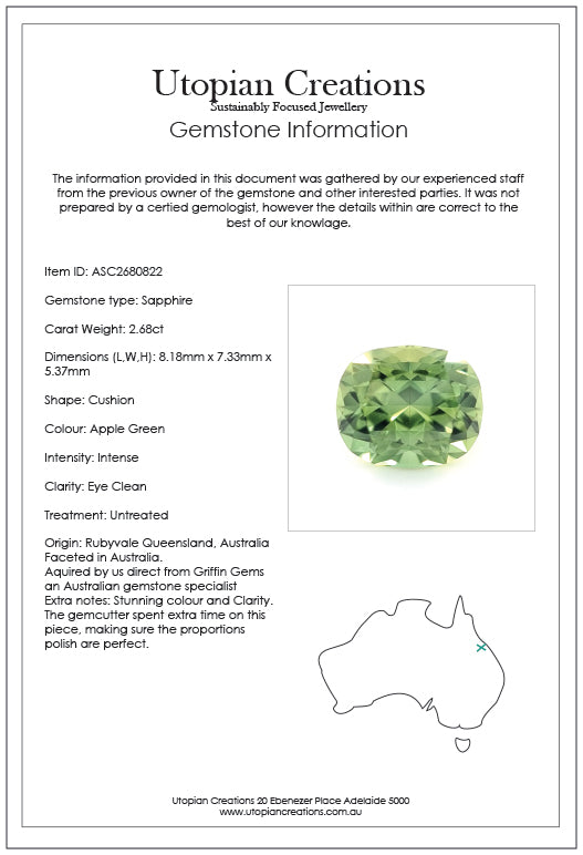 2.68ct Australian Sapphire, Green - Cushion