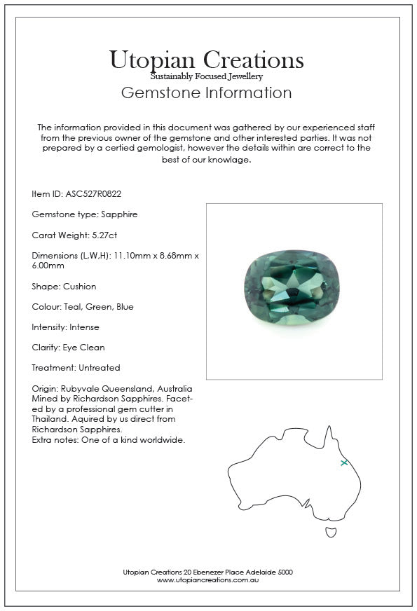 5.27ct Australian Sapphire, Teal, Green, Blue - Cushion