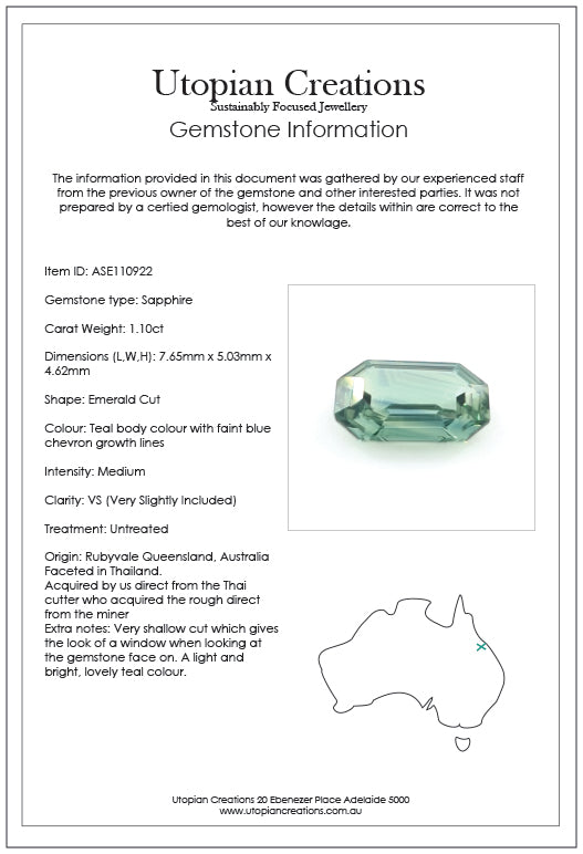1.10ct Australian Sapphire, Teal, Green, Blue - Emerald Cut