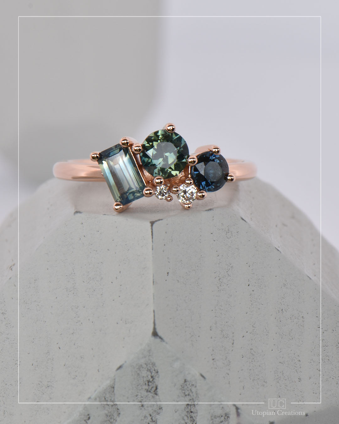 Hedera Emerald cut Australian Sapphire cluster ring - Parti Teal