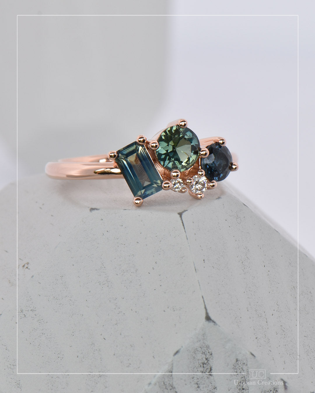 Hedera Emerald cut Australian Sapphire cluster ring - Parti Teal