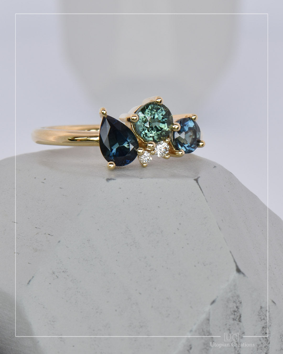 Hedera pear cut Australian sapphire cluster ring - Blue Teal