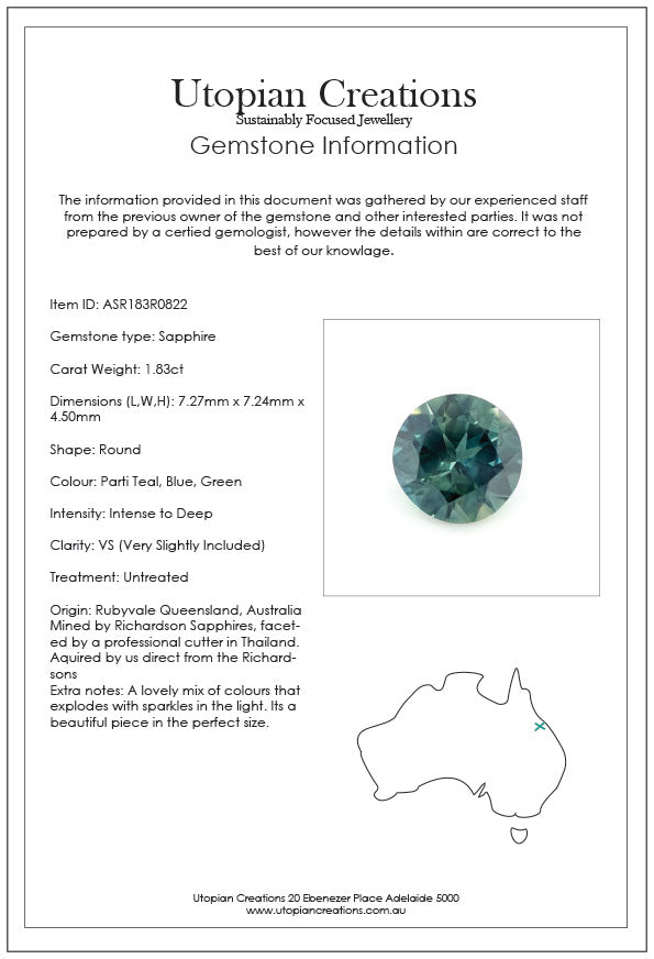 1.83ct Australian Sapphire, Parti Teal, Blue, Green - Round