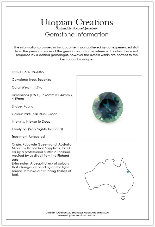 1.94ct Australian Sapphire, Parti Teal, Blue, Green - Round