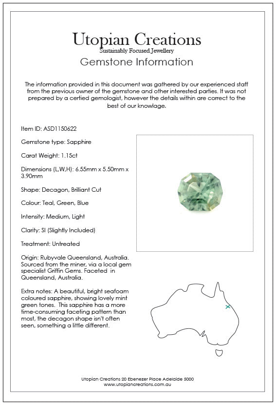 1.15ct Australian Sapphire, Teal, Green, Blue - Decagon