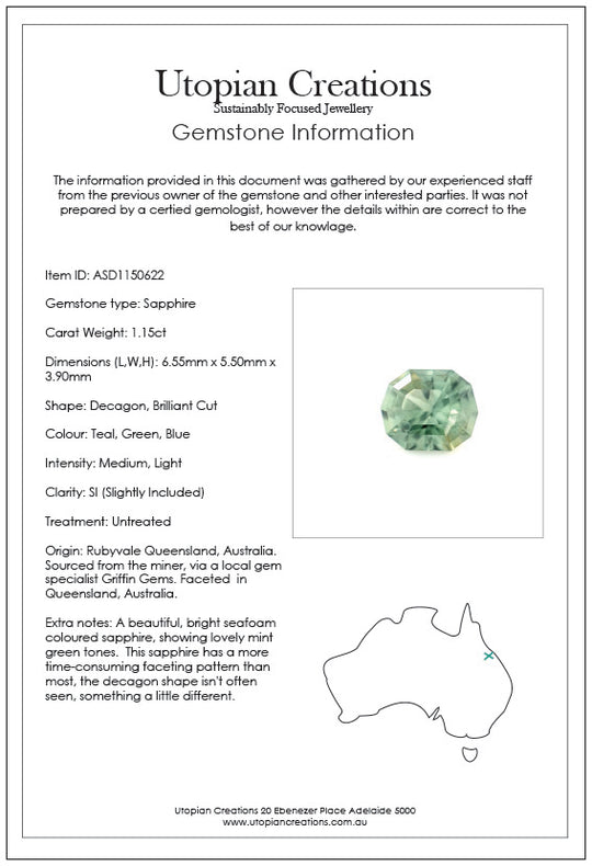 1.15ct Australian Sapphire, Teal, Green, Blue - Decagon