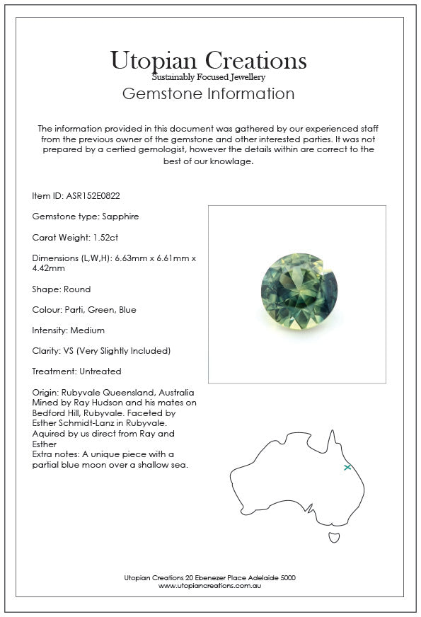 1.52ct Australian Sapphire, Parti, Green, Blue - Round