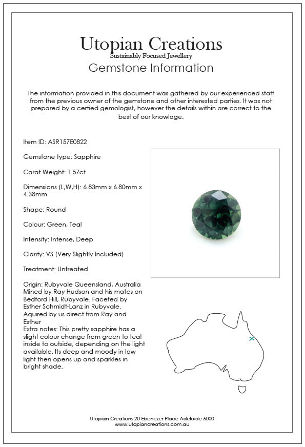 1.57ct Australian Sapphire, Parti, Teal, Green, Blue - Round