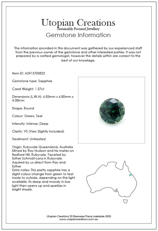 1.57ct Australian Sapphire, Parti, Teal, Green, Blue - Round