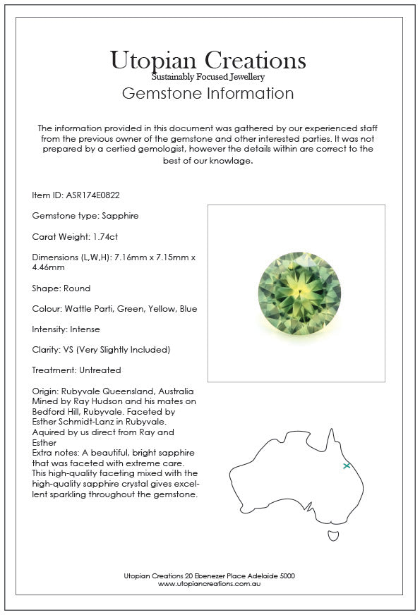 1.77ct Australian Sapphire, Wattle Parti, Green, Yellow, Blue - Round