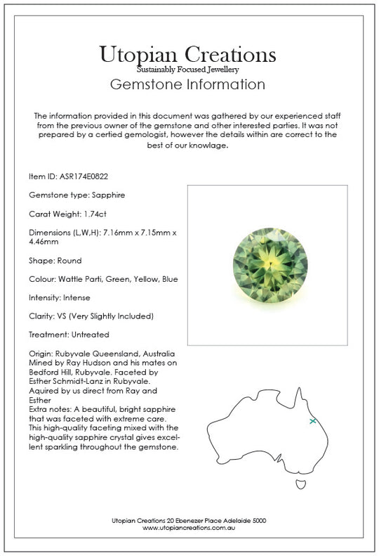 1.77ct Australian Sapphire, Wattle Parti, Green, Yellow, Blue - Round