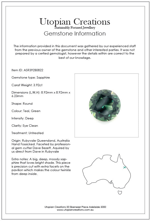 3.92ct Australian Sapphire, Deep Teal, Green - Round