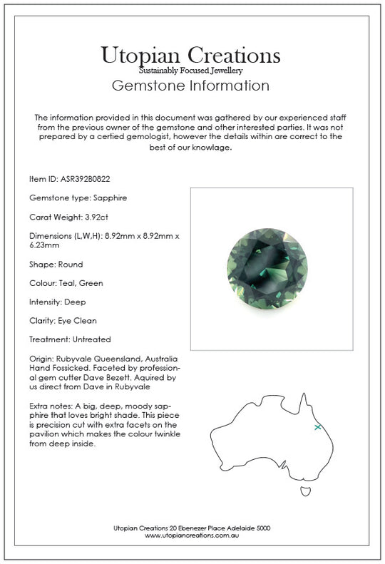 3.92ct Australian Sapphire, Deep Teal, Green - Round