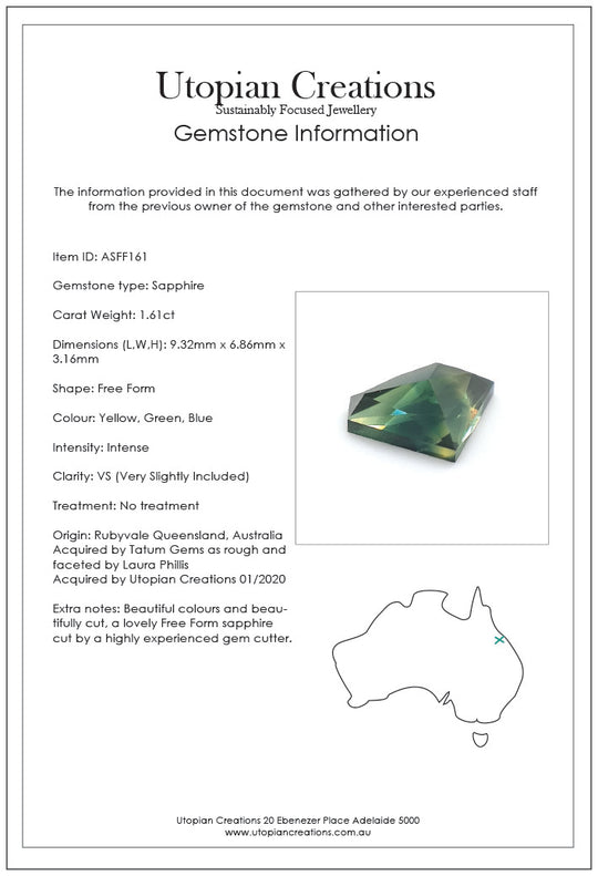 1.61ct Australian Sapphire, Yellow, Green, Blue - Free Form