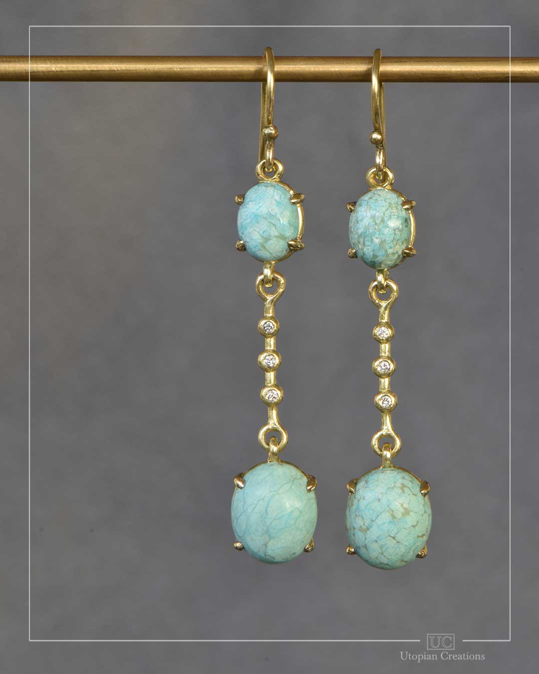 Juno long drop earrings featuring Australian Turquoise and Australian Argyle Diamonds