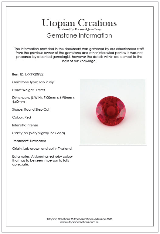 1.92ct Lab Created Ruby Red - Round