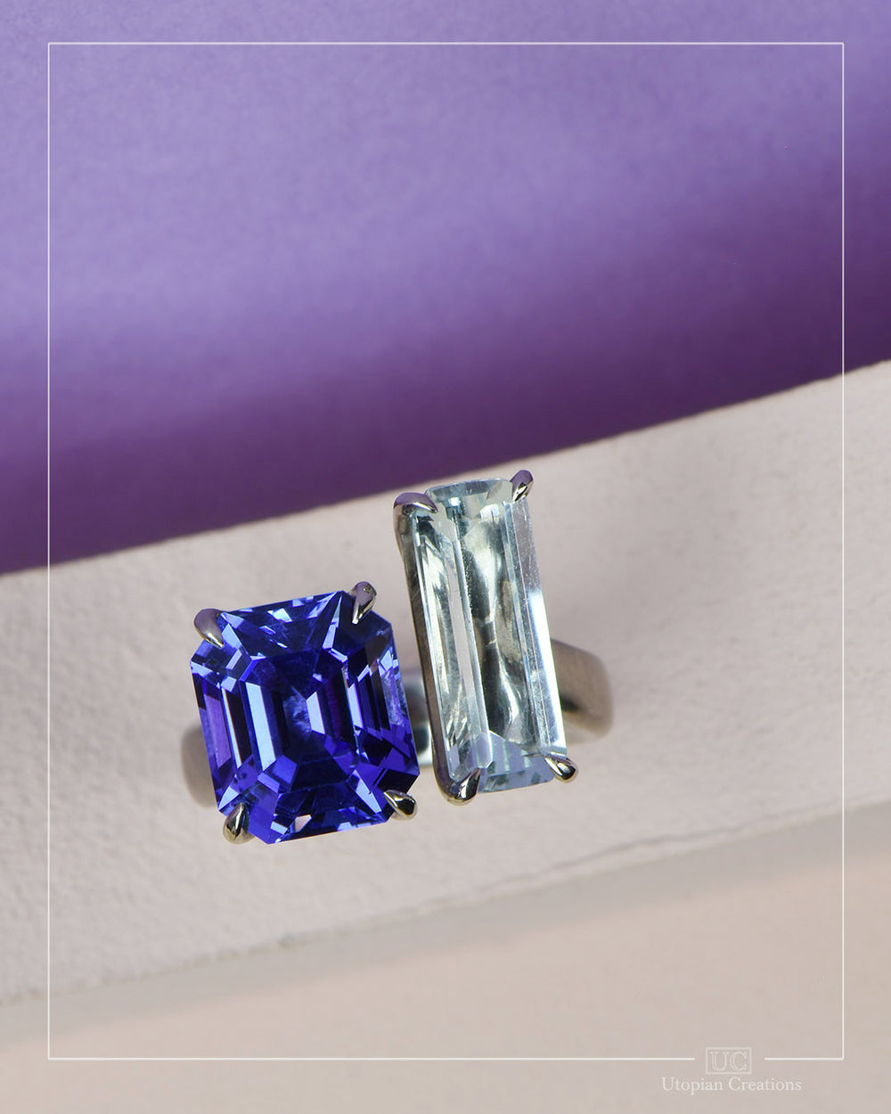Toi Et Moi ring "You and Me" Tanzanite and Australian Aquamarine