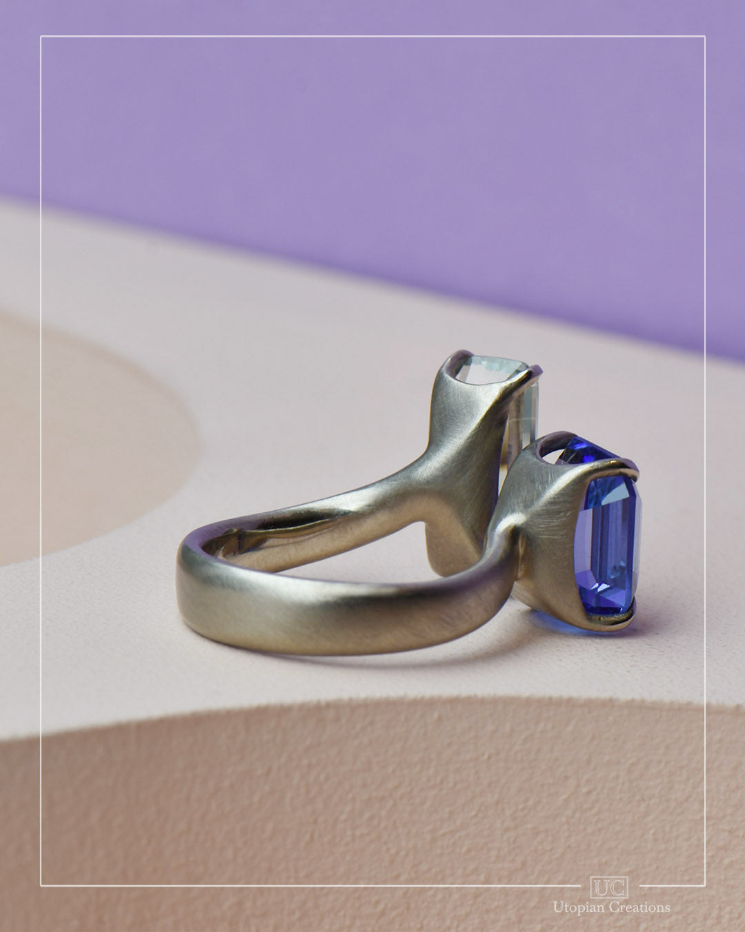 Toi Et Moi ring "You and Me" Tanzanite and Australian Aquamarine