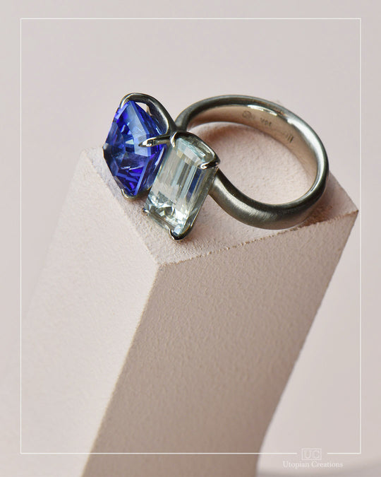 Toi Et Moi ring "You and Me" Tanzanite and Australian Aquamarine