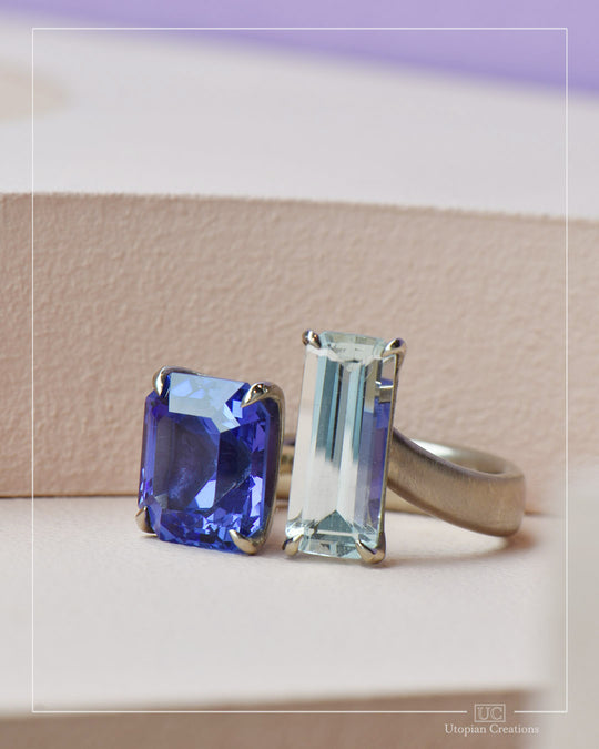 Toi Et Moi ring "You and Me" Tanzanite and Australian Aquamarine