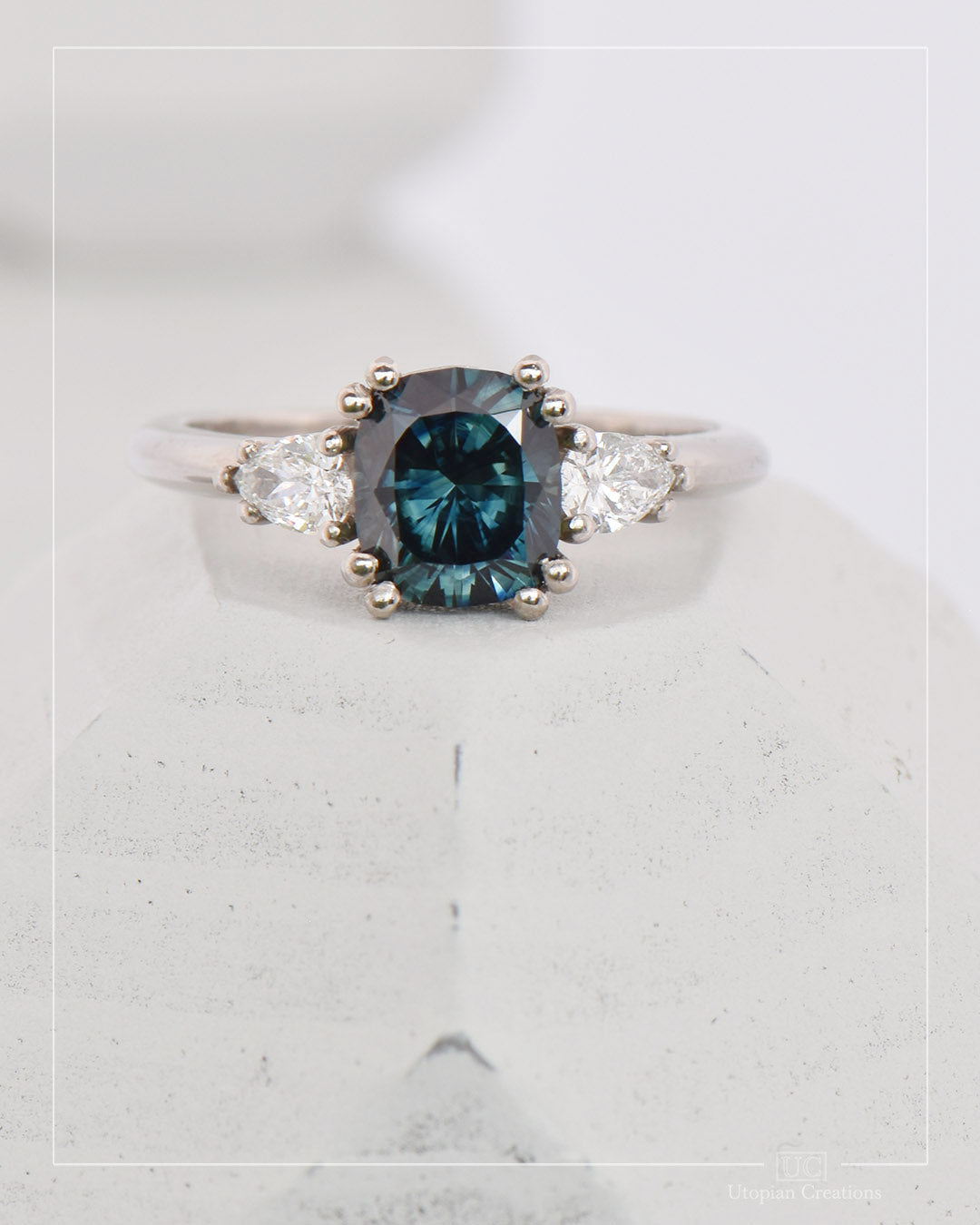 Waltheria - Australian deep teal Sapphire and lab diamond trilogy ring